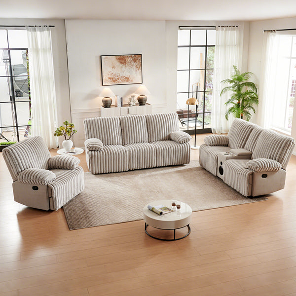 Crodury Fabric Recliner Set: Cloud-Like Comfort with Built-In Bluetooth & Ambient Lighting 8451#3+2+1 Recliner Sofa Set