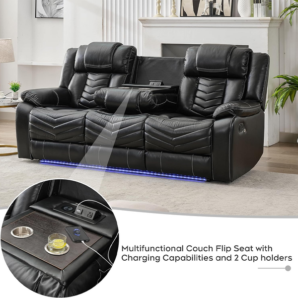 Power Reclining Sectional Couch with Bass Speaker Ambient Light USB Port,Cup Holder Black-8391