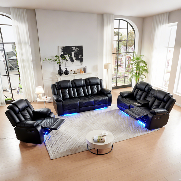 Power Reclining Sectional Couch with Bass Speaker Ambient Light USB Port,Cup Holder Black-8391